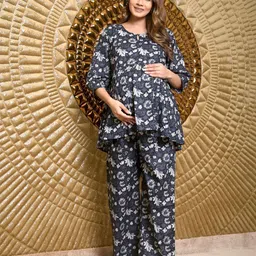 Aujjessa Women Floral Printed Pure Cotton Kurti & Pyjamas Maternity Night suit-picture-35