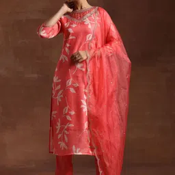 Libas Floral Yoke Design Straight Kurta with Trousers & Dupatta-28