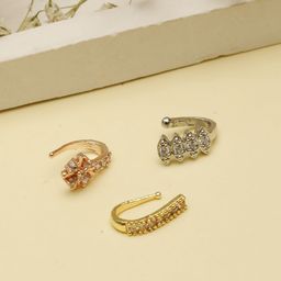 VIVAZS Set Of 3 Gold-Plated American Diamond Studded Stud Nosepins-16