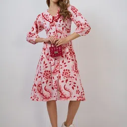 DressBerry Floral Printed Peter Pan Collar Puff Sleeve Crepe Shirt Midi Dress-image-99