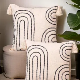 Aura Beige And Black 2 Pieces Geometric Embroidered Cotton Square Cushion Covers-56