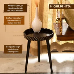 THREADVIBE LIVING Charcoal & Yellow Printed Mango Wood Round Shape End Table image 5