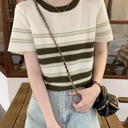 KPOP Women Horizontal Striped Round Neck Short Sleeves Top-image-5