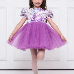 YK Girls Floral Printed Bow Puff Sleeves Fit & Flare Dress-picture-18