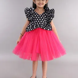 Pink Chick Girls Polka Dot Printed Flutter Sleeve Net Fit & Flare Dress-picture-8