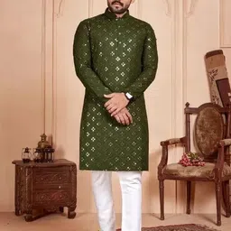 CRYTSAL REVENUE Men Embroidered, Checkered Straight Kurta (Green)-picture-16