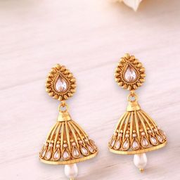 House of Pataudi Gold Plated Stone Studded & Pearls Beaded Antique Jhumka-49