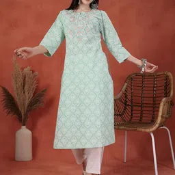 Sangria Floral Printed Thread Work Notch Neck Pure Cotton Straight Kurta-image-14