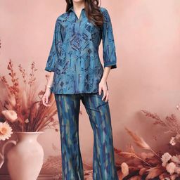 Claura Shirt Collar Printed Top With Trousers-image-24