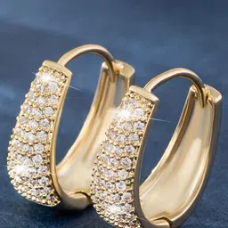 Bling Queen Women Gold-Plated Cubic Zirconia Stone-Studded Hoop Earrings-45