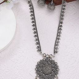 Sangria Silver-Plated Floral Shape Oxidized Jewellery Set-image-41