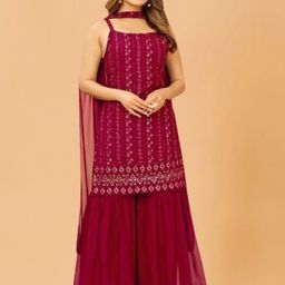 PARROT CREATION Embroidered Straight Sequinned Kurti With Sharara And Dupatta-3
