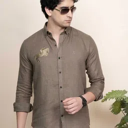 ALMATY Men Comfort Button-Down Collar Printed Linen Casual Shirt-image-3