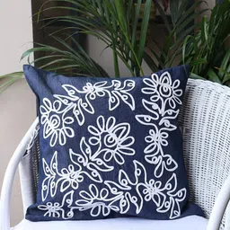 Myntra Elegant Homes Threaded Blossoms Square Denim Cushion Cover-image-48
