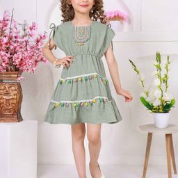 Lagorii Green Pom-Pom Cotton Frock with Embroidered Yoke For Girls-image-53
