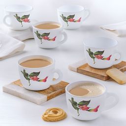 Larah by BOROSIL White & Green 6 Pieces Printed Opalware Glossy Cups - 140 ml Each-8