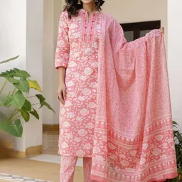 Kohsh Women Floral Printed Cotton Kurta with Trousers & Dupatta-image-61