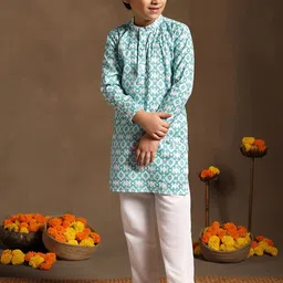 FASHION DREAM Boys Ethnic Motifs Printed Band Collar Regular Sequinned Kurta With Pyjama-18