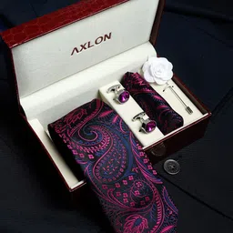 AXLON Men Paisley Tie, Cufflinks, Pocket Square & Flower Pin Accessory Gift Set-image-86