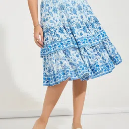 Styli Smocked Printed A-Line Knee Length Skirt-picture-13