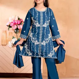 BAESD Girls Floral Embroidered Regular Pure Silk Kurti with Trousers & With Dupatta-image-85