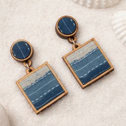 WHE Wooden Fabric Square Shaped Drop Earrings-4