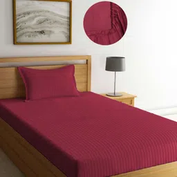 Aura Red Striped 350 TC Single Bedsheet with 1 Pillow Covers-image-82