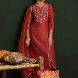 Indo Era Women Ethnic Motifs Embroidered Regular Thread Work Kurta with Trousers & With Dupatta-image-80