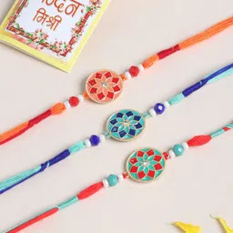 Sangria Set Of 3 Floral Design Artificial Beads Thread Rakhis with Roli Chawal-77