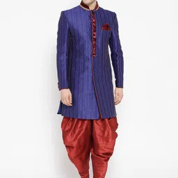 Manish Creations Men Blue & Maroon Striped Sherwani-13