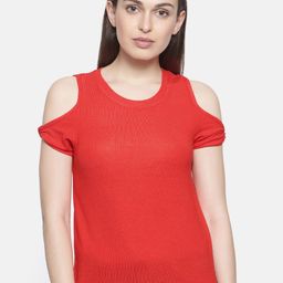 Deal Jeans Women Red Solid Cold-Shoulder Top-image-19