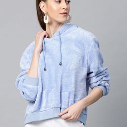 SASSAFRAS Women Blue Faux Fur Solid Hooded Sweatshirt-37