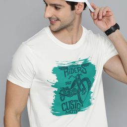 HERE&NOW Men White & Turquoise Blue Graphic Printed Pure Cotton Casual T-shirt-image-6