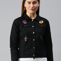 VOXATI Women Black Solid Denim Jacket with Appliques-image-56