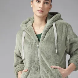 Roadster Women Green Solid Faux Fur Detail Tailored Hooded Jacket-image-56
