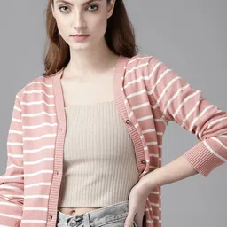 Roadster Women Pink & White Striped Pure Cotton Cardigan-picture-7