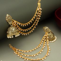 Anouk Gold Plated Kundan Studded And Pearls Beaded Dome Shaped Jhumkas With Ear Chain-image-1