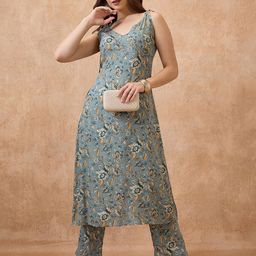 Globus Floral Print V-Neck Tie-Up Sleeves A-Line Kurta & Straight Pants Fusion Set-image-31