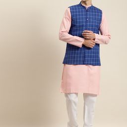 SOJANYA Men Pink & Blue Kurta with Churidar & Nehru Jacket-picture-20