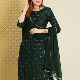 House of Pataudi Women Floral Embroidered Sequined Jashn Kurta with Trousers & Dupatta-14