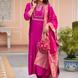 GoSriKi Floral Embroidered Notch neck Zari Straight Kurta & Trousers With Dupatta-27