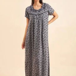 Sweet Dreams Navy & Silver Cotton Printed Night Gown-image-21