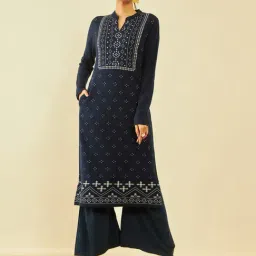 Soch Navy Blue Acrylic Geometric Pattern Winter Kurta with Pocket-image-38