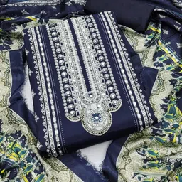 KALINI Navy Blue France Silk Digital Print Mirror & Diamond Work Unstitched Dress Material-image-46