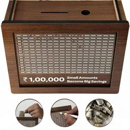 Lifera Wooden Money Saving Box, Rs. 1,00,000 Capacity, Small Amounts Tracker Design, Brown Easy to Handle. image 4