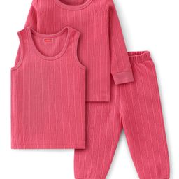 Babyhug Cotton Full Sleeves Solid Color Vest Pullover & Bottom Thermal Wear Combo Pack Of 3 - Coral-picture-4