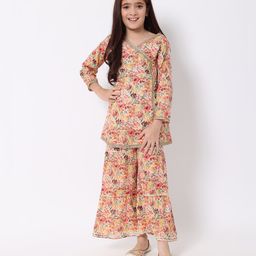 READIPRINT Cotton Three Fourth Sleeves Floral Printed & Lace Embellished Kurta With Sharara-Yellow-picture-8