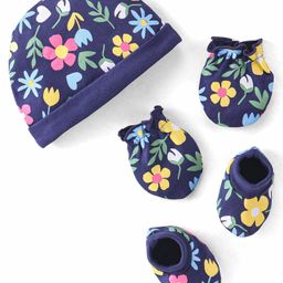 Babyhug 100% Cotton Knit Cap Mittens & Booties Set Floral Print - Navy Blue-image-98