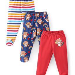 Babyhug Cotton Footed Bootie Leggings Striped & Bear Print Pack of 3 - Blue & Red-picture-26