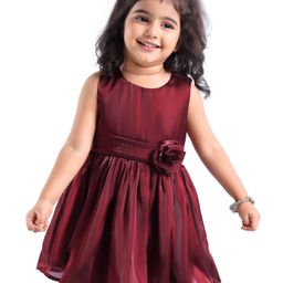 Babyhug Sleeveless Party Frock with Floral Applique - Maroon-image-40
